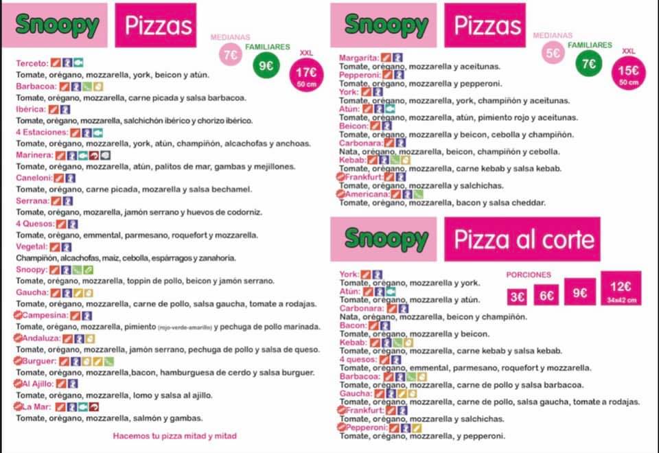 pizzeria snoopy lucena carta